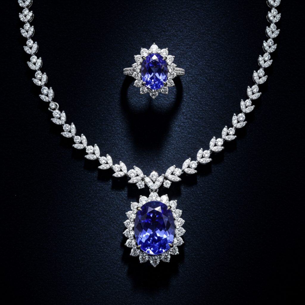 tanzanite necklace and ring set with diamonds on velvet